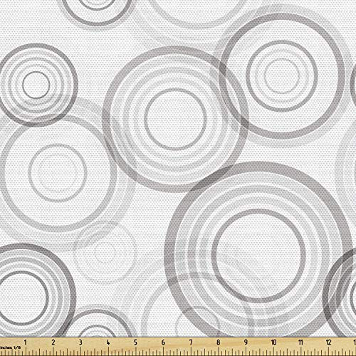 Lunarable Grey Fabric by The Yard, Ring Shapes Abstract Geometric Pattern Concentric Circles Contemporary Modern, Decorative Fabric for Upholstery and Home Accents, 3 Yards, Grey White