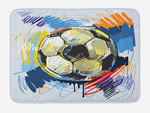 Ambesonne Soccer Bath Mat, Spherical Soccer Ball Illustration with Colorful Distressed Details in Motion Art, Plush Bathroom Decor Mat with Non Slip Backing, 29.5" X 17.5", Grey Pink
