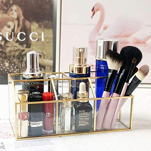 Yamfurvo Makeup Organizer Handmade Vintage Brass Frame Makeup Brush Holder Glass Makeup Brushes Storage Cosmetic Organizer Makeup Vanity Decoration Jewelry Box,-3 plus2- Segments