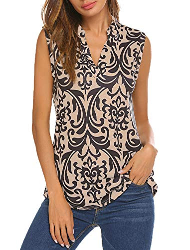Halife Women Damask Print Top V Neck Henley Tunic Pleated Casual Tank Tops Beige XXL 2X