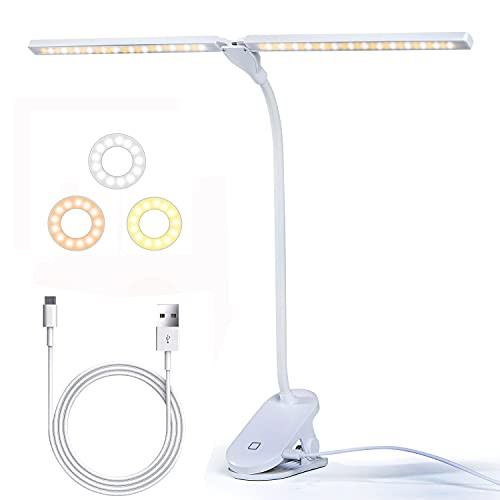 LAIWOO LED Desk Lamp with Clamp, Flexible Gooseneck Arm Drafting Clamp Lamps, 3 Lighting Modes Stepless Dimming Double Head Desk Light, Clip on Lamp for Bedroom, Office -White-