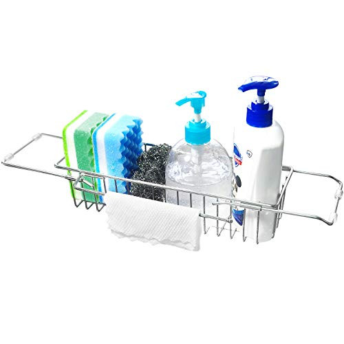 Telescopic Sink Storage Rack, Stainless Steel Kitchen Sink Caddy with Towel Drying Rack, Sink Basket with Dishcloth Hanger, Soap and Sponge Holder Organizer, Collapsible Sink Caddy Drainer-Silver-
