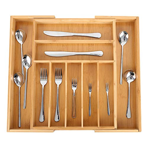 Bamboo Kitchen Drawer Organizer - Expandable Silverware Organizer/Utensil Holder and Cutlery Tray with Grooved Drawer Dividers for Flatware and Kitchen Utensils - Natural-