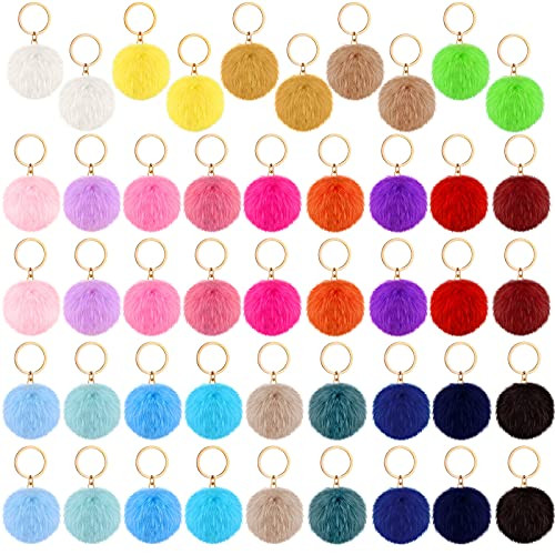 46 Pieces Pom Poms Keychains Faux Fur Ball Key Rings Fluffy Rabbit Faux Fur Pompoms Keyring for Women Girls Bag Accessories -Multicolored,2.36 Inch-