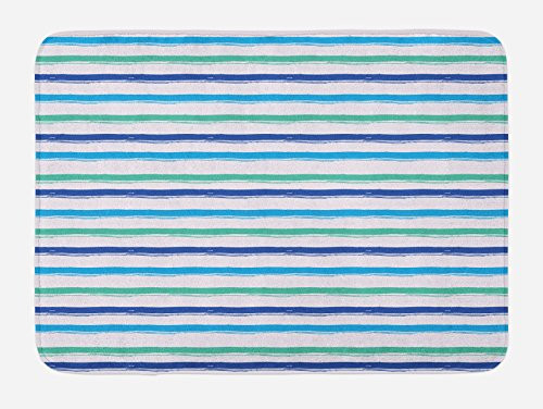 Ambesonne Harbour Stripe Bath Mat, Brushstroke Lines Backdrop in Several Tones Modern Minimalist Design, Plush Bathroom Decor Mat with Non Slip Backing, 29.5" X 17.5", Royal Blue Seafoam