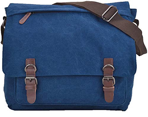 Sechunk Canvas Leather Messenger Bag Shoulder bag Cross body bag Crossbody small for men boy girl student school -Blue, small-