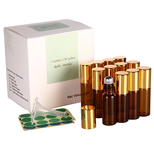 Zhiliusha 5ml Roll on Glass Bottle-Set of 12 Essential Oil Roller Bottles with Stainless Steel Roller Balls, Golden Plastic Caps and Plastic Droppers for Perfume, Aromatherapy  and  Essential Oils