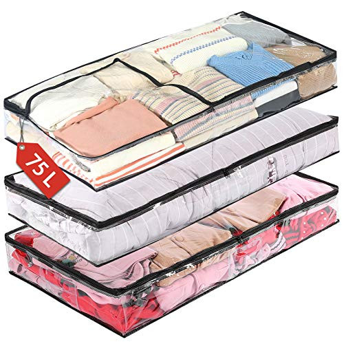 Vieshful 3 Pack Clear Underbed Storage Bags 75L Transparent Clothes Bags Large Capacity Under the Bed Clothing Containers with Reinforced Handles Zippered Organizers for Comforters Blankets Bedding