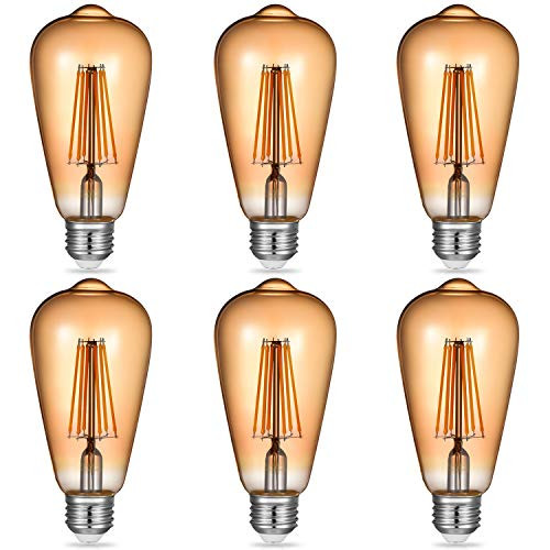 Yuiip E26 LED Filament Light Bulbs 6W, 60 Watt Equivalent, ST64 Vintage LED Edison Bulbs E26 Base, Warm White 2700K Non-Dimmable Light, Pack of 6