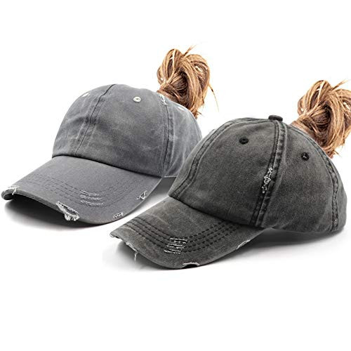 2 Pack Distressed Ponytail Vintage Baseball Cap Cotton Dad Hat Low Profile Messy High Bun Ponycaps
