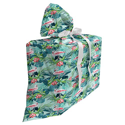 Lunarable Flamingo Fabric Gift Bag, Tropical Jungle with Hibiscus Flora Monstera Fan Palm Leaves, Present Sack for Baby Showers Birthdays with 3 Ribbons, 27" X 32", Dark Coral Dark Teal Lunarable Flamingo Fabric Gift Bag, Tropical Jungle with Hibiscus Flora Monstera Fan Palm Leaves, Present Sack for Baby Showers Birthdays with 3 Ribbons, 27" X 32", Dark Coral Dark Teal