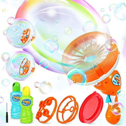 iBaseToy Bubble Machine Gun with 3 Bubble Wands - New Upgrade Giant  and  Small Bubble Maker for Kids Toddlers, Dip  and  Press Bubble Fan Blower 1000 plus Bubbles Per Mins with 2x8 oz Solutions for Bath Outdoor