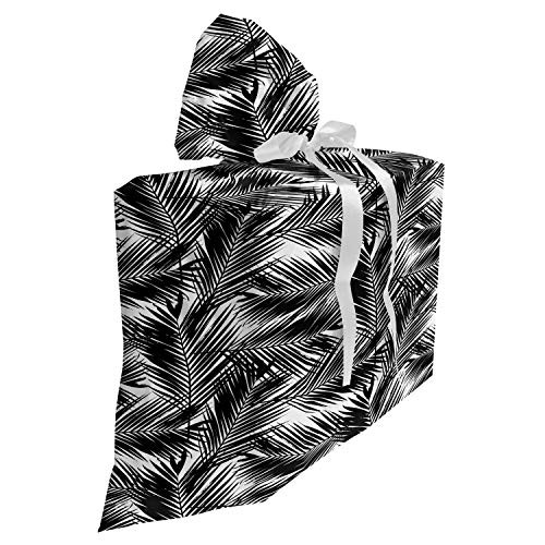 Ambesonne Black and White Fabric Gift Bag, Island Fan Palm Tree Leaves Caribbean Plants Jungle Foliage Ocean Beach, Present Sack for Baby Showers Birthdays with 3 Ribbons, 27" X 32", Charcoal Grey
