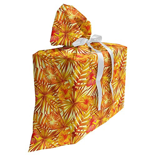 Ambesonne Tropical Fabric Gift Bag, Monstera Leaves Jungle of Hibiscus Blooms Fan Palms Exotic Bouquet,Present Sack for Baby Showers Birthdays with 3 Ribbons, 27" X 32", Dark Orange and Cream