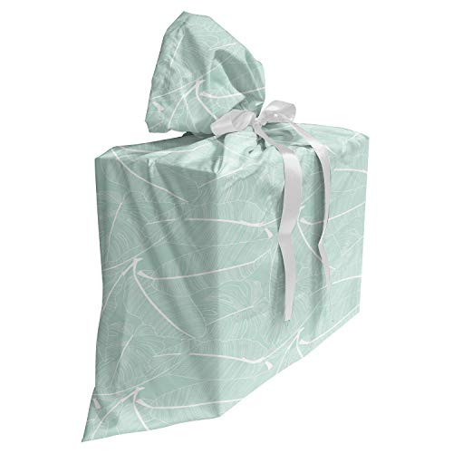 Ambesonne Tropical Fabric Gift Bag, Jungle Monstera Fan Palm Leaves in Soft Tones Rainforest Branches Caribbean,Present Sack for Baby Showers Birthdays with 3 Ribbons, 27" X 32", Mint Green White