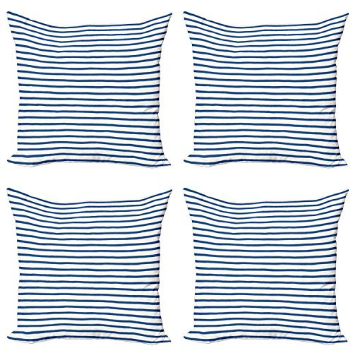 Ambesonne Harbour Stripe Throw Pillow Cushion Case Pack of 4, Horizontal Nautical Stripes Pattern Hand Drawn Marine Sea Illustration, Modern Accent Double-Sided Digital Printing, 16", Night Blue White