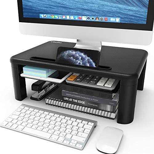 Ohuhu Adjustable Monitor Stand Riser - 3 Height Adjustable Computer Monitor Riser with Storage Drawer, Phone Holder for Desk, iMac, Laptop, Printer, Notebook, Computer - for Home  and  Office Use, Black