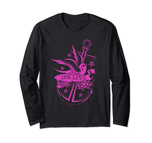 Anchor Ink Tattoo Sparrow Flowers Stars Scroll Long Sleeve T-Shirt