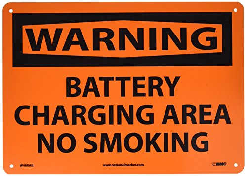 NMC W468AB OSHA Sign, Legend "WARNING - BATTERY CHARGING AREA NO SMOKING", 14" Length x 10" Height, Aluminum, Black on Orange