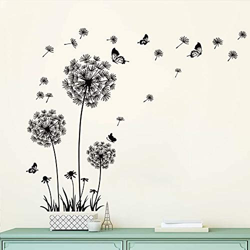 Runtoo Giant Dandelion Wall Decals Flying Flowers Butterflies Wall Stickers Plants Wall Art Living Room Bedroom Decor [Black]