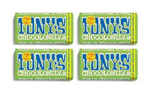 Tony's Chocolonely - Pack of 4 - 51 percent Dark Chocolate  Bar with Almonds and Sea Salt, 6.35 Oz Each