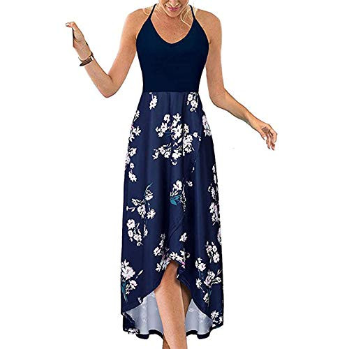 Women's V Neck Sleeveless Casual Summer Sundresses Asymmetrical Patchwork Floral Long Maxi Dress Sexy Cami Dress