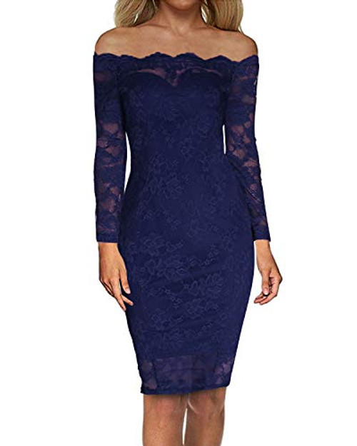 Auxo Off Shoulder Floral Lace Long Sleeve Midi Cocktail Party Dress Vintage Gowns Swing Prom Dresses A-Blue 2XL