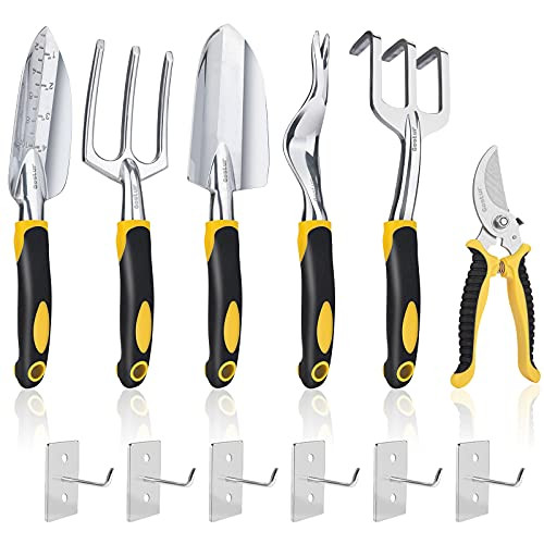 Gostur 6PCS Garden Tool Set, Heavy Duty Gardening Hand Tools Kit - Trowel, Transplanter, Hand Rake, Weeder, Pruner, Cultivator - Ergonomic Non-Slip Handle - Ideal Gifts for Men  and  Women