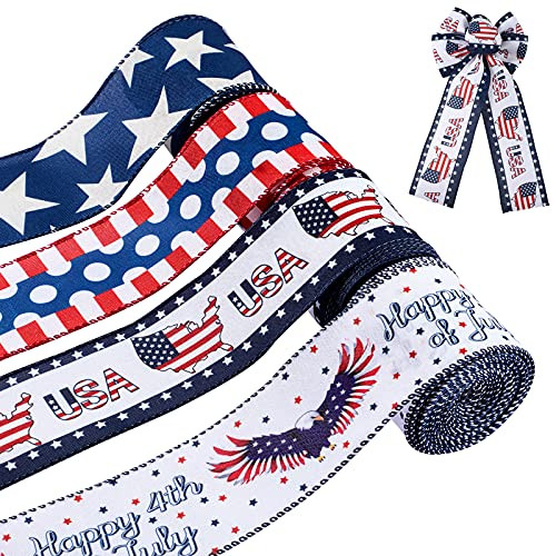 Yingzhao 4 Rolls Patriotic Wired Edge Ribbon, 2.5 Inches x 10 Yards Each Roll Star and Stripe Ribbons for 4th of July, President's Day, Independence Day, Memorial Day Decor