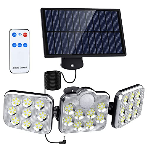 Solar Motion Lights Outdoor, 138 LED with Remote Control, 16.4Ft Cable, 3 Working Mode, Adjustable Solar Panel, IP65 Waterproof Security Lights Wired Flood Lights for Backyard Garage Wall-5500K-