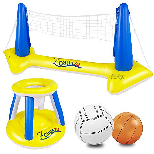 Zcaukya Inflatable Pool Float Set, Inflatable Volleyball Net  and  Basketball Hoop with Balls, Inflatable Pool Floating Volleyball Basketball Set Swimming Pool Games for Kids Adults