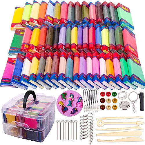 50 Colorful Polymer Clay?Baking Modeling Clay Kit,Oven Bake Clay?Safe Nontoxic DIY Crafts Toy Clay, with Mermaid Mold?Storage Box?Modeling Tools and Jewelry Accessories, Best Gift for Kids