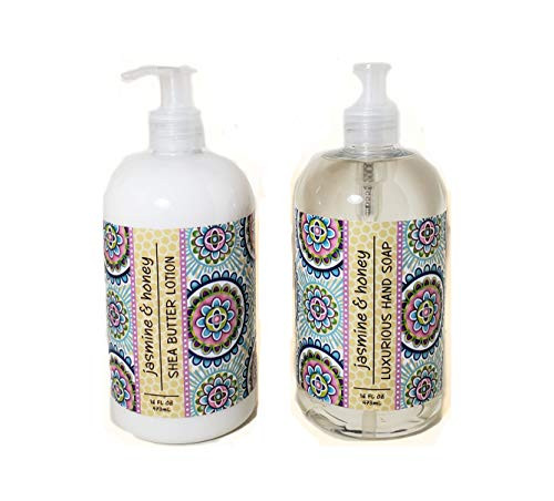 Greenwich Bay Trading Company Garden Collection Bundle- Jasmine  and  Honey - 16 Ounce Shea Butter Lotion  and  16 Ounce Hand Soap