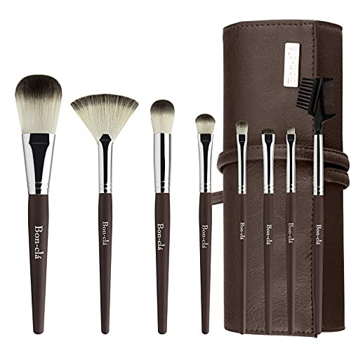 Bon-clá, Basic Makeup Brush Set 8pcs with Leather Travel Makeup bag, for Fan Brush, Powder Brush, Blending Shadow Brush, Small Contour Brush, Smudge Brush, Precsion Shadow Brush, Brow Comb Brush, Angled Liner Brush Makeup Brush Sets