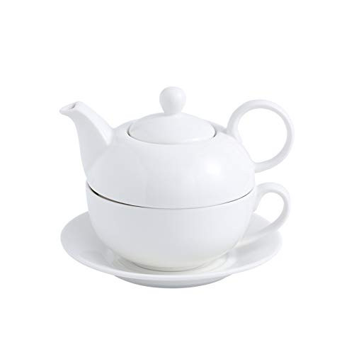 MALACASA White Teapot, Porcelain Tea Pot and Tea for One Set, Teacup and Saucer Set, Teapots Sets for One - -11 Oz Teapot, 8.4 Oz Teacup, 6 Inch Saucer-