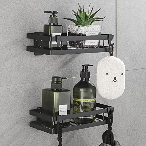 Gricol Shower Caddy Basket Shelf with Hooks, Stainless Steel Wall Mounted Bathroom Storage Organizer, No Drilling Kitchen Spice Racks-2 Pack