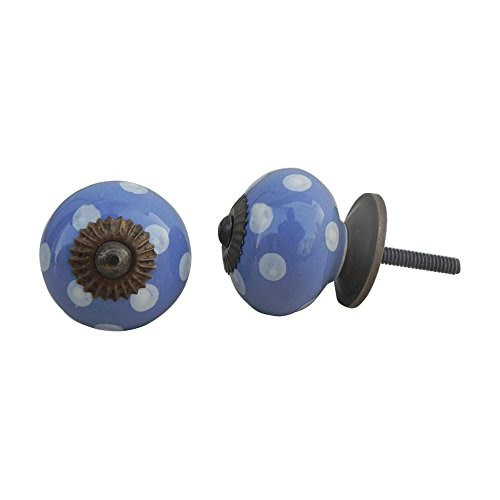 IndianShelf 6 Piece Handmade Blue Ceramic Polka Dot Dresser Drawer Cabinet Pulls Wardrobe Door Knobs Kitchen Handles