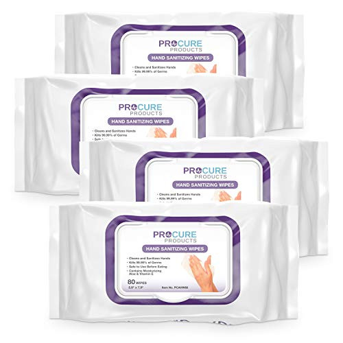 ProCure Hand Sanitizing Wipes 4 Pack, 320 Moisturizing Cloths with Aloe and Vitamin E - Kills 99.99 percent of Germs  Safe for Eating - Antiseptic, Antibacterial - Sanitizes, Cleanses,