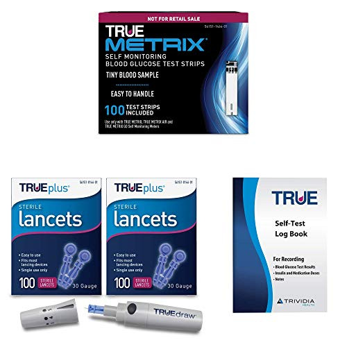 1x 100ct TRUE METRIX Test Strips  plus 2X 100ct 30g TRUEplus Lancets  plus TRUEplus Lancing Device  plus TRUEplus Log Book