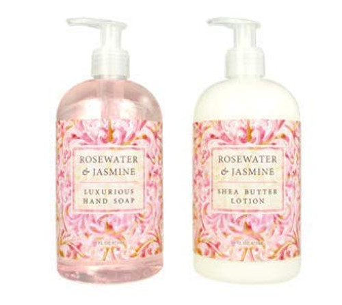 Greenwich Bay Trading Company Botanical Collection Bundle- Rosewater  and  Jasmine - 16 Ounce Shea Butter Lotion  and  16 Ounce Hand Soap