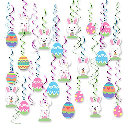 30PCS Easter Decorations Egg Bunny Foil Swirl Party Hanging Decoration Mega Value Kit, Colorful