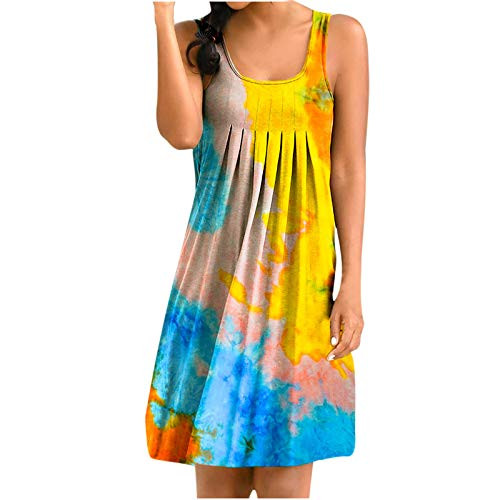 Ranoff Mini Tank Dress Women Beach Sundress Tie Dye Casual Sundress Scoop Neck Sleeveless Party Ball Gown Pleated Swing Skirt -Yellow, XXL-