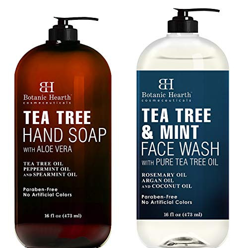 Botanic Hearth Tea Tree Hand Soap with Aloe Vera -16 oz- and Tea Tree  and  Mint Face Wash -16 oz- Bundle