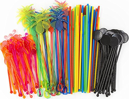 Bar Caddy Supplies -120 Pack-  Assorted Swizzle Sticks / Drink Stirrers -24 of Each Design-  Disposable Flexible Drinking Straws in 2 Sizes  Small Bar Party Supply Refill Pack for Bar Organizer