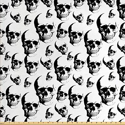 Lunarable Skull Fabric by The Yard, Skulls Pattern Monochrome Detailed Sketch Human Skeleton Head Fear Halloween Theme, Decorative Fabric for Upholstery and Home Accents, 2 Yards, Black White