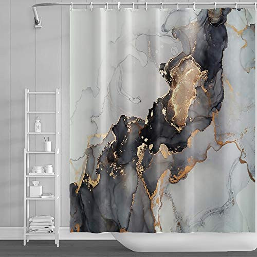 LFEEY Abstract Marble Shower Curtain Black Gold Grey Marble Ink Texture Bathroom Curtain Luxury Modern Bathroom Decor 47x72 Inch Waterproof Polyester Fabric