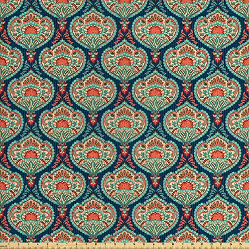 Lunarable Paisley Fabric by The Yard, Middle Eastern Traditional Motifs Vertical Lines Background Floral, Decorative Fabric for Upholstery and Home Accents, 2 Yards, Salmon Navy Blue Seafoam