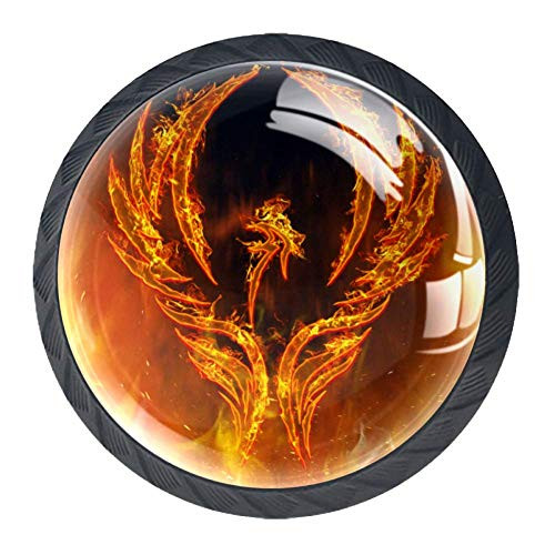 Shiiny A Phoenix Bird in Flames Drawer Knob Pull Handle Glass Circle Shape Cabinet Drawer Pulls Cupboard Knobs with Screws for Home Office Cabinet Cupboard Set of 4