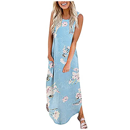 Womens Sleeveless Pocket Maxi Dress Summer Hawaiian Beach Tank Dress Casual Floral Printing Long Maxi Loose Dress