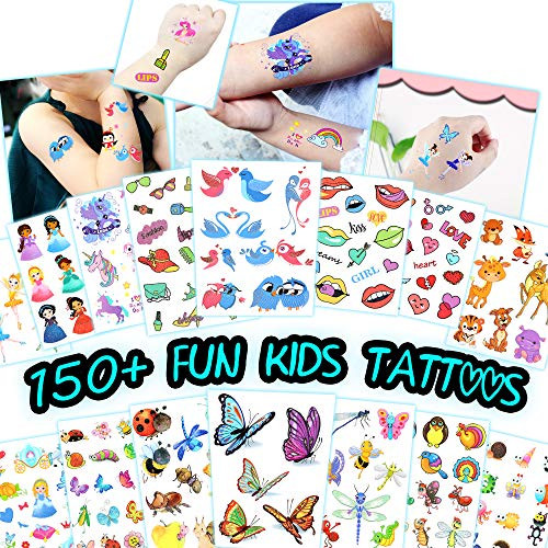 150+ Fun Kids Temporary Tattoos -Easy-to-Use Tattoos for Children - Bulk Assorted Designs, Waterproof Body Art (15 Sheets)